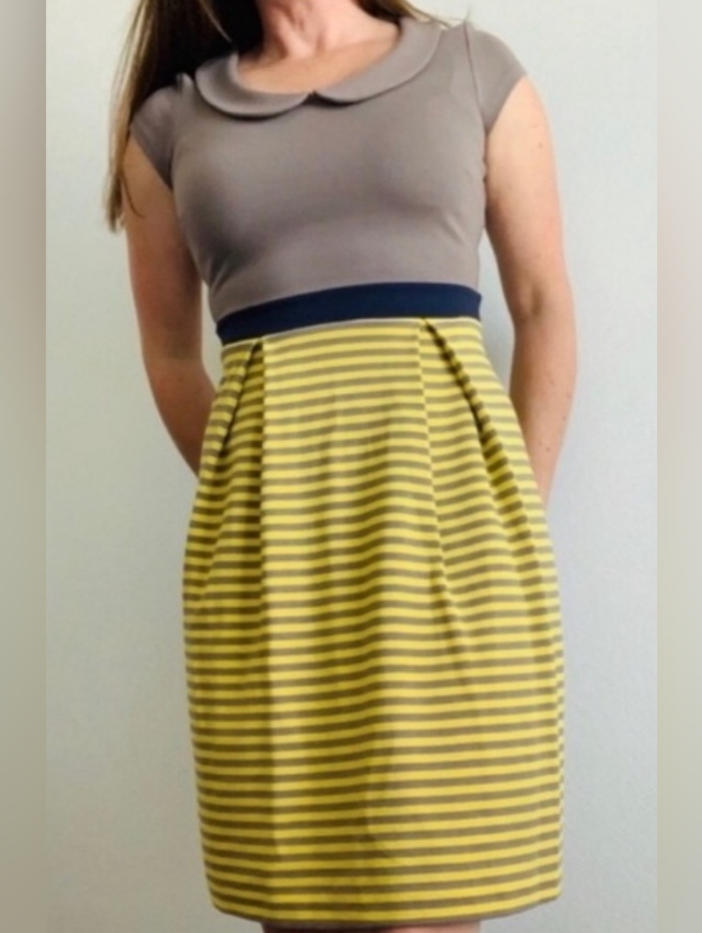 Boden Yellow and Gray Striped Pencil Dress with Navy Waistband